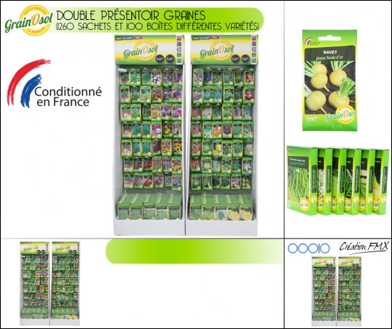 Double-présentoir Graines (1260 sachets et 100 boites de différentes variétés de graines).