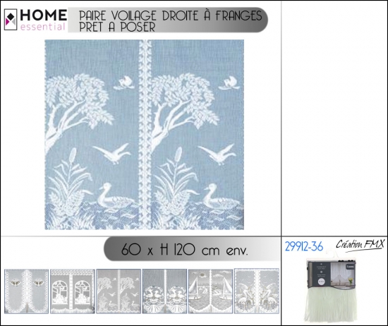 PAIRE VOILAGE DROITE A FRANGES PRET A POSER 6 MOTIFS ASST. 60X120CM ENV.