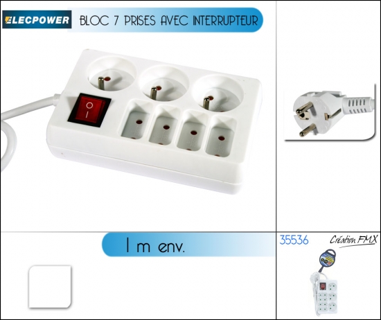 Bloc 7 prises avec interrupteur blanc