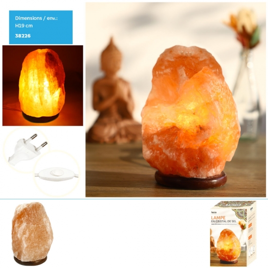 Lampe en cristal de sel avec support en bois