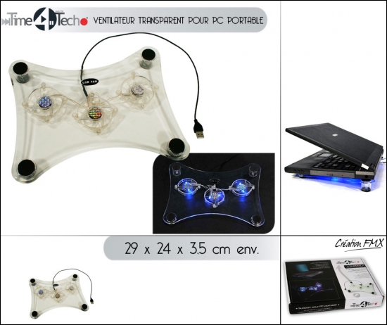 Ventilateur transparent pour PC portable avec lumière LED bleue