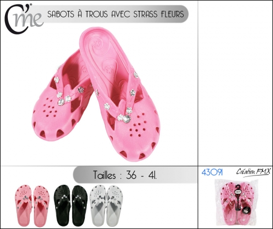 Sabots avec strass fleurs / 3 couleurs asst. T36 à 41