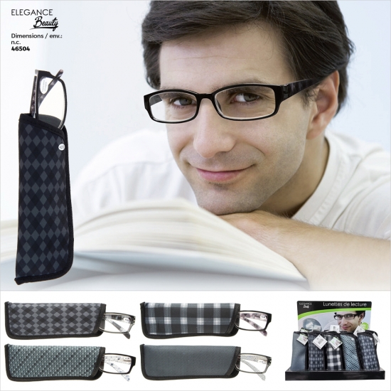 Lunette de lecture pour homme cadre noir et branches avec motifs + étui - 4 asst