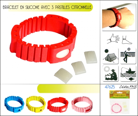 Bracelet en silicone avec 3 pastilles citronelle  / 4 couleurs asst.