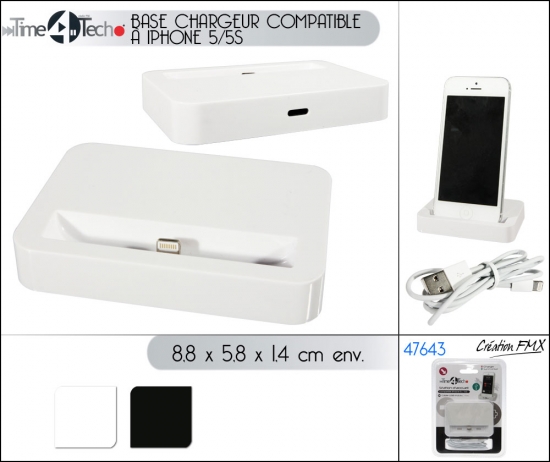 Base chargeur compatible à Iphone 5/5S avec câble USB fourni / 2 couleurs asst.