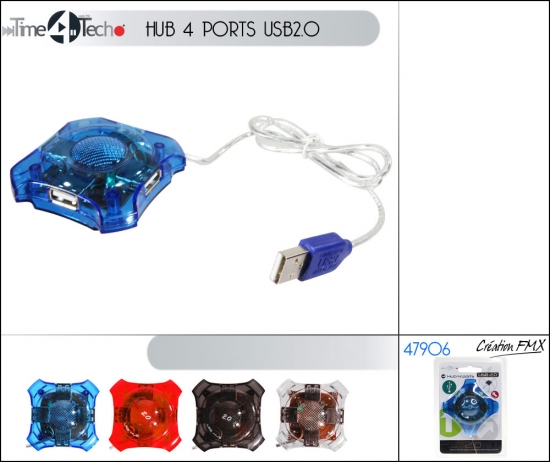 Hub 4 ports USB2.0 à couleur transparente / 4 couleurs asst.