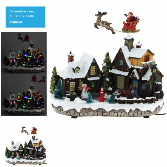 Village de noël lumineux et musical avec père noël + traineau dans le ciel - 31,5x21,0x28,0 cm env.