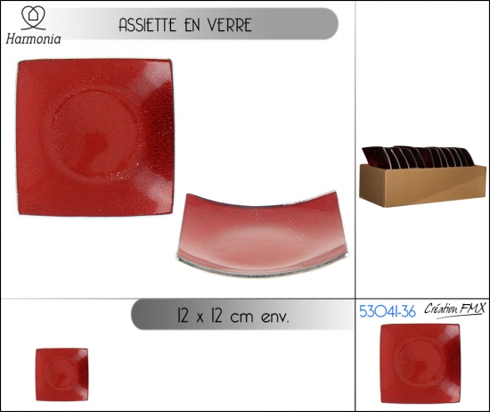 Soucoupe carrée en verre, finition pailletée - 12x12 cm env.  -  Couleur rouge