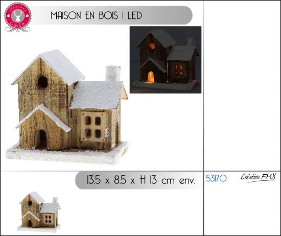Maison en bois 1 LED - L13,5 x P8,5 x H13 cm env.- Coloris bois