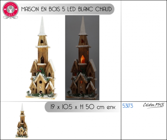 Maison en bois 5 LED blanc chaud - Dim : L19 x P10,5 x H50 cm env.Coloris bois