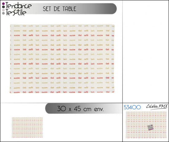 set de table avec designs thé, café, lait et sucre 30x45 cm - 1 asst