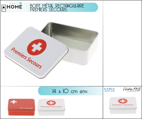 Boite métal rectangulaire  PREMIERS SECOURS, 14x10 cm, 2 ass, rouge et blanc