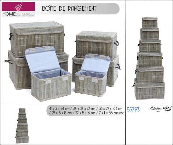 boîte de rangement en bambou avec anses et couvercle x6pcs couleur grise - 1 asst