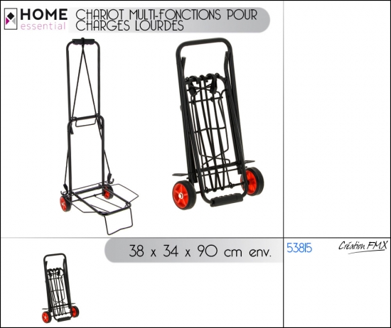 Chariot multi-fonctions pour charges lourdes avec tendeur 130cm et roues 38x34x90 cm - 1 asst