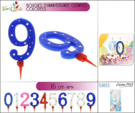 Bougies d'anniversaire géantes colorées, (11.5cm env), x 3 asst