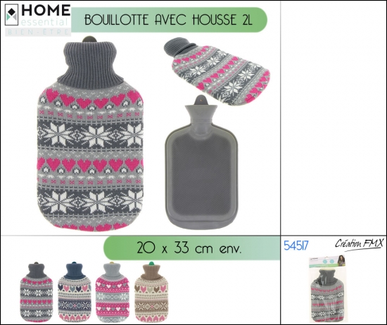 Bouillotte avec housse en tricot col roulé motifs coeur 2L/ 4 asst