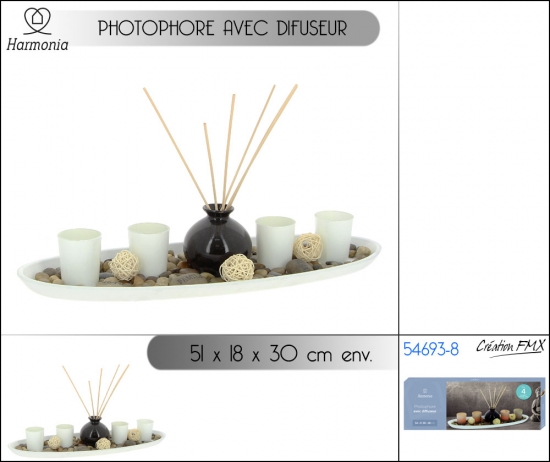 Photophore x4, support avec décoration et diffuseur de parfum, 1 Asst, 51x18x30 cm env.