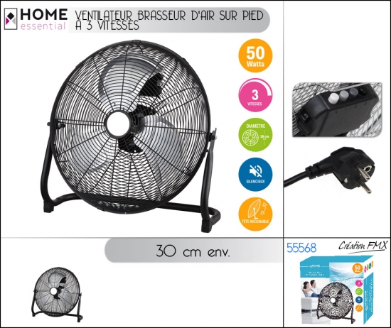Ventilateur Brasseur d'air sur pied à 3 vitesses - Diamètre: 30cm env. - 50 W
