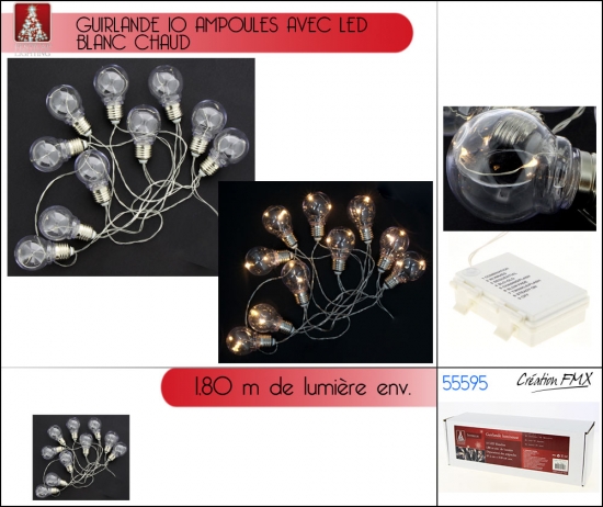 Guirlande 10 ampoules avec leds blanc chaud - 1,80 m de lumière - usage int./ext. - 1 asst.