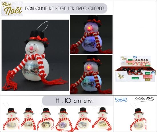 Bonhomme de neige led avec chapeau et motifs décoratifs - H. 10 cm