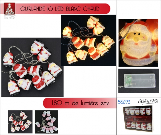 Guirlande 10 leds blanc chaud avec motif père Noël - 1,80 m de lumière - usage int. - 1 asst.