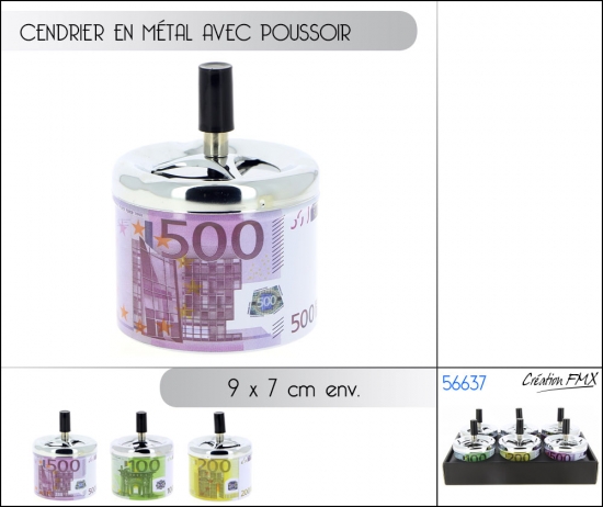 Cendrier en métal avec poussoir, diam 9 cm x 7 cm, 3 assts Billets en EUROS