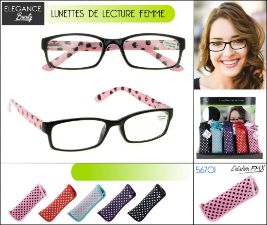 Lunette de lecture femme branche FLEX avec cadre en noire et branches en couleur  avec petits pois + étui textile - 5 a