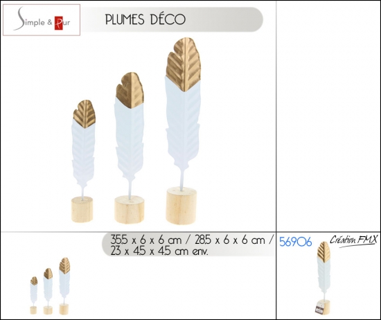 Plumes déco. en métal avec socle en bois, set de 3 pcs - 1 asst.