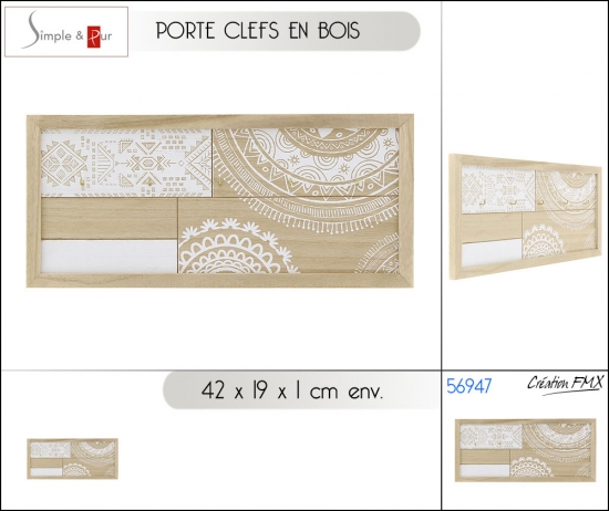 Porte clefs en bois motifs blanc - 42 x 19 x 1 cm env.