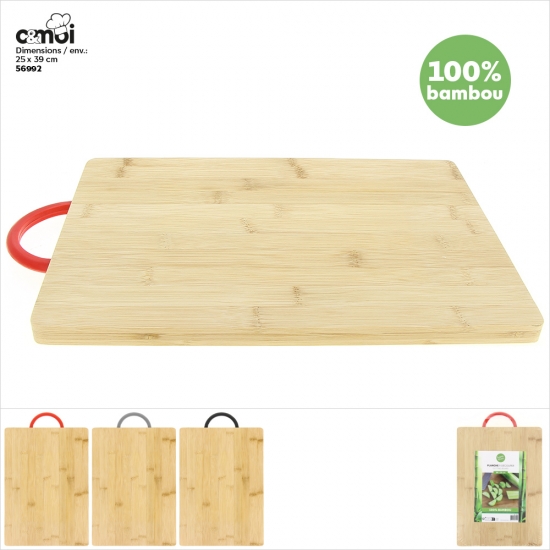 Planche à découper en bambou avec poignée plastique (35-39.2) x 25 x 1.6 cm env.