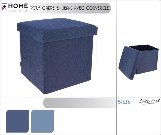 Pouf carré en jeans avec couvercle - 2 couleurs assorties