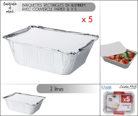 Barquettes rectangles en aluminium avec couvercle 2L x 5 pièces