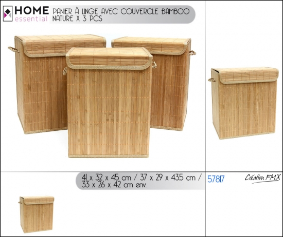 Panier à linge avec couvercle bamboo nature x 3 pcs
