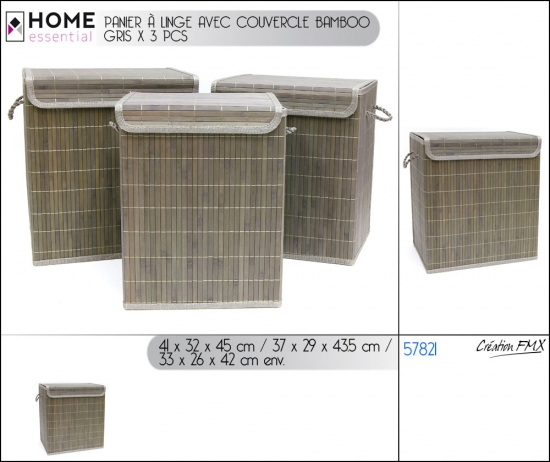 Panier à linge avec couvercle bamboo gris x 3 pcs