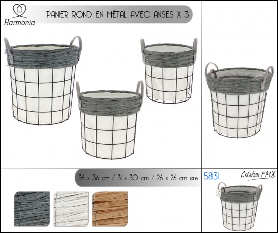 Panier rond en métal avec anses x 3pcs - 3 couleurs assorties