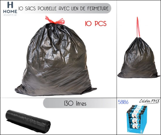 Sac poubelle 130L x10pcs 77x103cm avec lien de fermeture