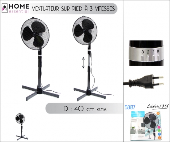 Ventilateur sur pied à 3 vitesses - Silencieux - Dim: 40cm env.  - 55W