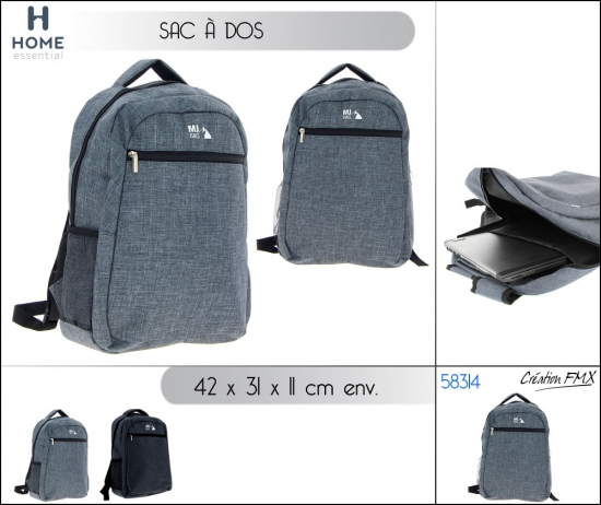 Sac à dos avec poche fermée à l'avant , une poche latérale et compartiment ordinateur 42 X 31 X 11 cm - 2 asst