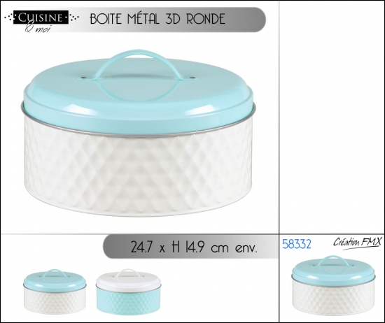 Boite métal 3 D ronde diam 24.7 X  H14.9 cm env,  couvercle avec anse, 2 assts