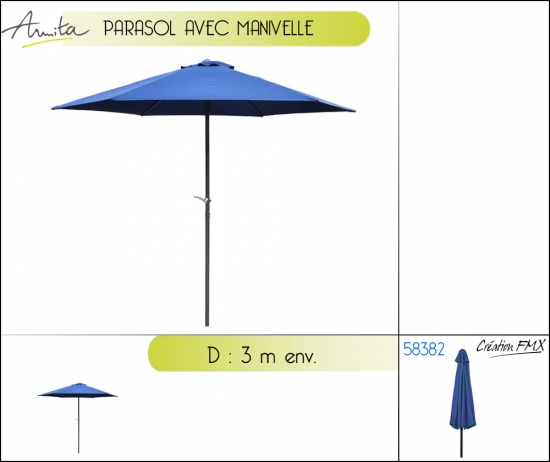 Parasol avec manivelle - Diamètre: 3 m - Coloris: Bleu marine