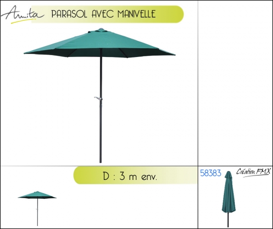 Parasol avec manivelle - Diamètre: 3 m - Coloris: Vert