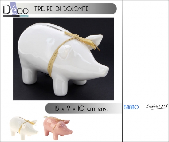Tirelire en dolomite  forme cochon avec ruban -  18x9x10cm env. - 1 asst.