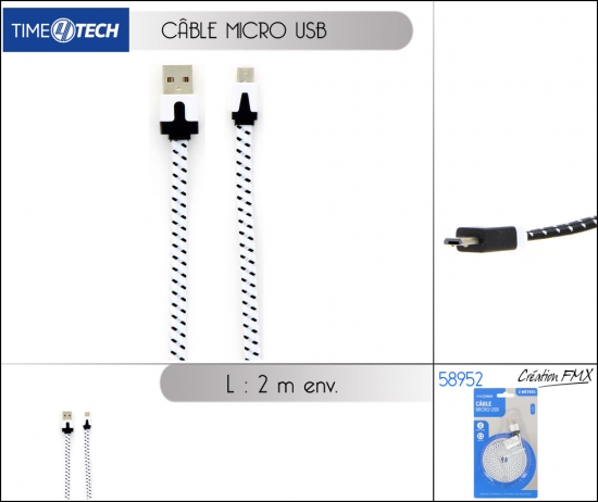 Câble MICRO USB  - Longueur: 2 mètres - 1A- Coloris Blanc