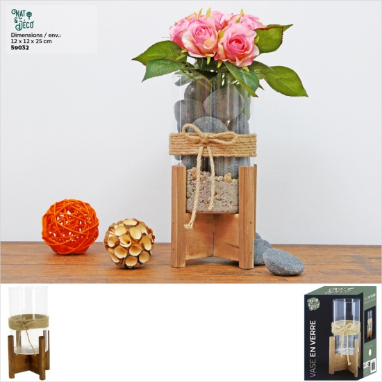 Vase en verre sur socle en bois + déco jute  - 12x12x25cm env - 1 asst