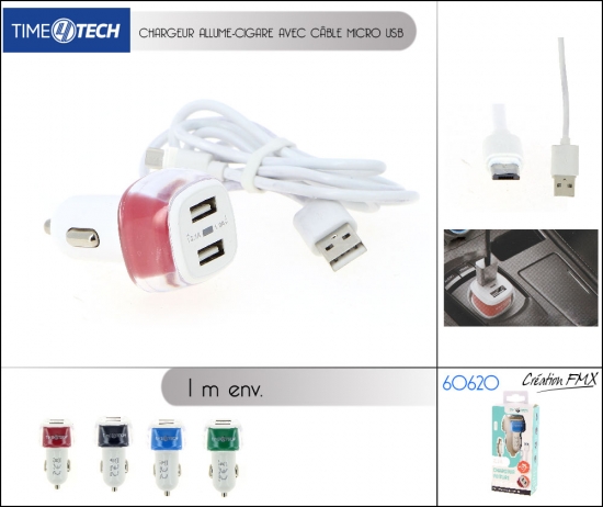 Chargeur Allume-cigare 2 ports USB - 2.4A - câble Micro USB inclus - 4 couleurs asst.
