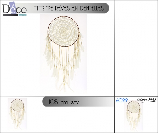 Attrape-rêves en dentelles avec plumes et perles D40xH105cm env.