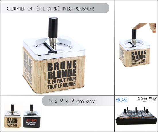 Cendrier en métal carré avec poussoir dim 9 x 9 x H12 cm env,  2 assts