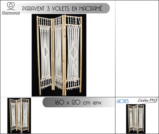 Paravent 3 volets en macramé 160 x 120 x 2.5 cm env