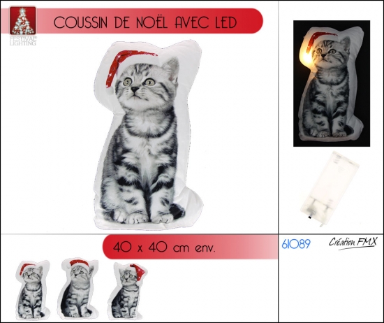 Coussin lumineux motif Chat (H43 à H45cm env.) / 3 assortiements