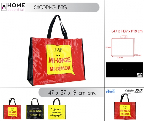 Sac de course 47 x 37 x 19 cm, textes shopping, 3 assts